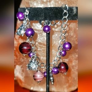 9" Bracelet, purple beads, lady bugs